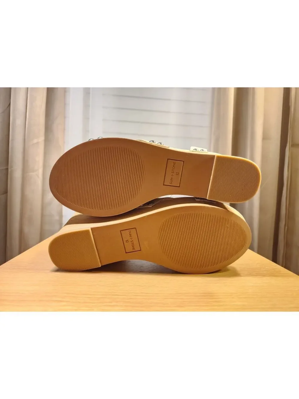 Women Cream Bone Beige Cognac Ankle Strap Classic Wooden Wedge Sandals SZ 10 M